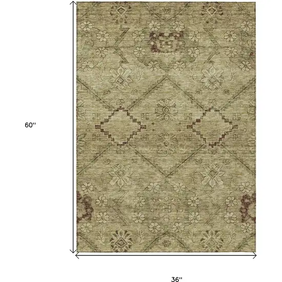 Brown Beige And Artichoke Green Floral Washable Indoor Outdoor Area Rug Photo 3