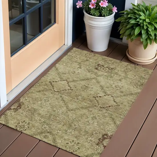 Brown Beige And Artichoke Green Floral Washable Indoor Outdoor Area Rug Photo 1