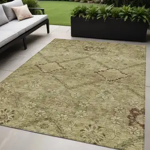 Photo of Brown Beige And Artichoke Green Floral Washable Indoor Outdoor Area Rug