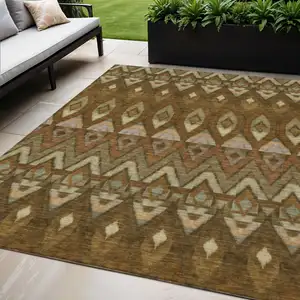 Photo of Brown Beige And Artichoke Green Southwestern Washable Indoor Outdoor Area Rug