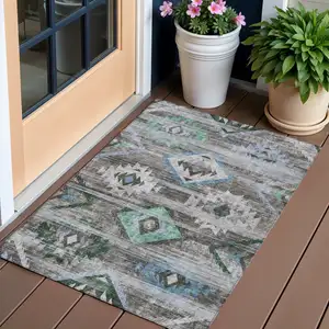 Photo of Brown Beige And Blue Southwestern Washable Indoor Outdoor Area Rug