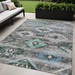 Photo of Brown Beige And Blue Southwestern Washable Indoor Outdoor Area Rug