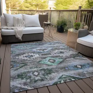 Photo of Brown Beige And Blue Southwestern Washable Indoor Outdoor Area Rug