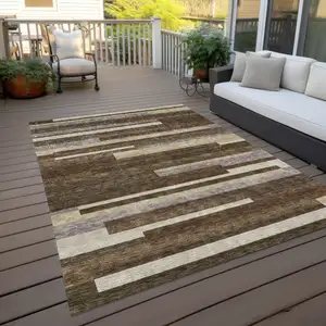 Photo of Brown Beige And Copper Striped Washable Indoor Outdoor Area Rug