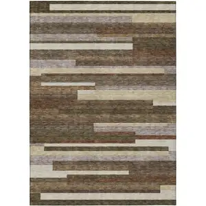 Photo of Brown Beige And Copper Striped Washable Indoor Outdoor Area Rug