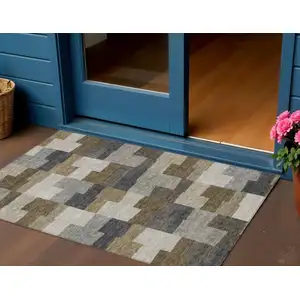 Photo of Brown Beige And Ivory Geometric Washable Indoor Outdoor Area Rug