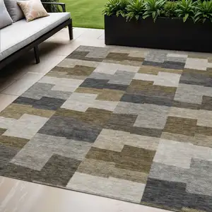 Photo of Brown Beige And Ivory Geometric Washable Indoor Outdoor Area Rug