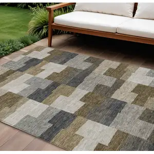 Photo of Brown Beige And Ivory Geometric Washable Indoor Outdoor Area Rug