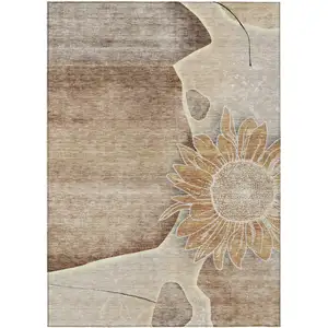 Photo of Brown Beige And Taupe Floral Washable Indoor Outdoor Area Rug