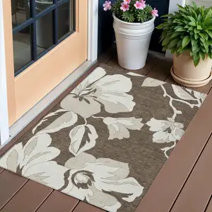 Photo of Brown Beige And Taupe Floral Washable Indoor Outdoor Area Rug