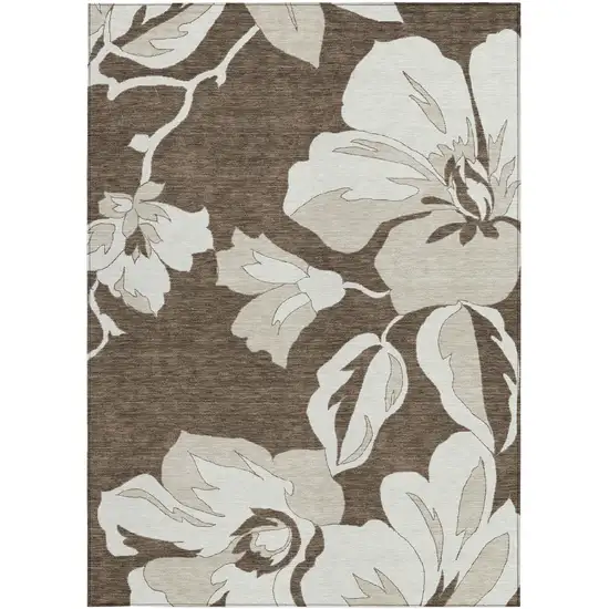 Brown Beige And Taupe Floral Washable Indoor Outdoor Area Rug Photo 7