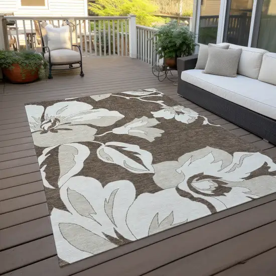 Brown Beige And Taupe Floral Washable Indoor Outdoor Area Rug Photo 8