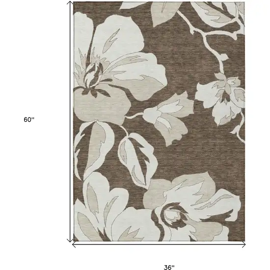 Brown Beige And Taupe Floral Washable Indoor Outdoor Area Rug Photo 3