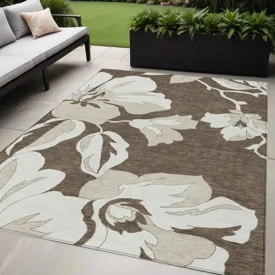 Brown Beige And Taupe Floral Washable Indoor Outdoor Area Rug Photo 1