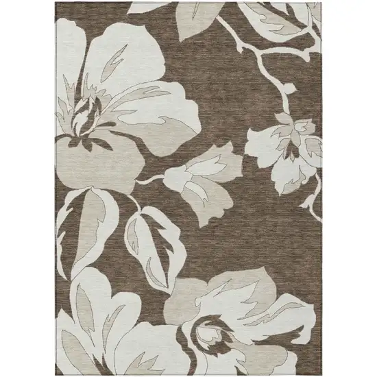 Brown Beige And Taupe Floral Washable Indoor Outdoor Area Rug Photo 2