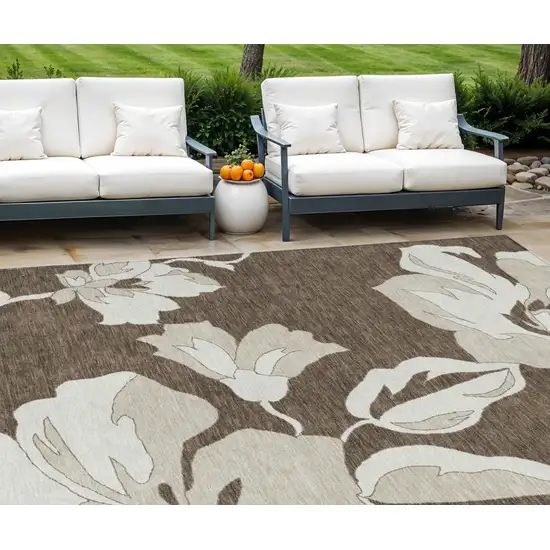 Brown Beige And Taupe Floral Washable Indoor Outdoor Area Rug Photo 1