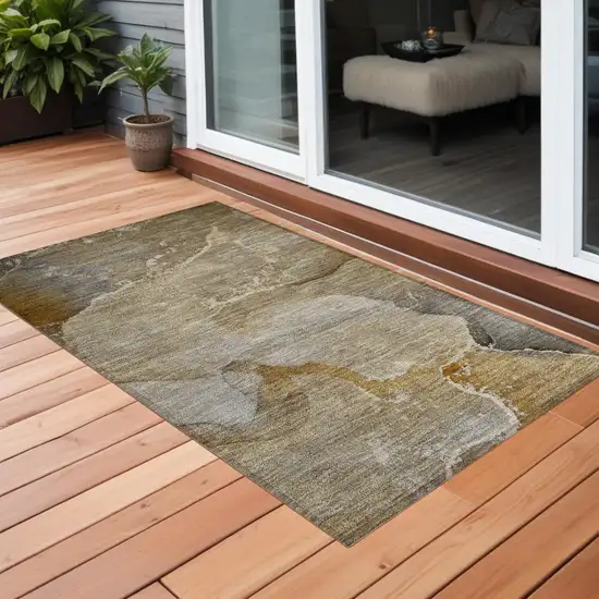 Brown Beige and Gold Abstract Washable Indoor Outdoor Area Rug Photo 1