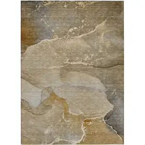 Photo of Brown Beige and Gold Abstract Washable Indoor Outdoor Area Rug