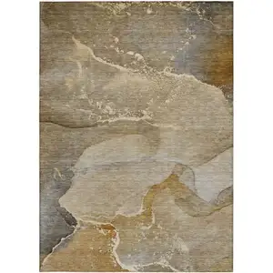 Photo of Brown Beige and Gold Abstract Washable Indoor Outdoor Area Rug