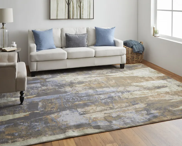 Brown Blue And Ivory Abstract Power Loom Distressed Area Rug Photo 2