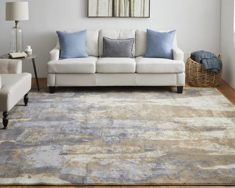 Brown Blue And Ivory Abstract Power Loom Distressed Area Rug Photo 3