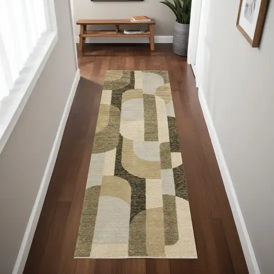 8' Runner Green and Ivory Geometric Power Loom Runner Rug Photo 1