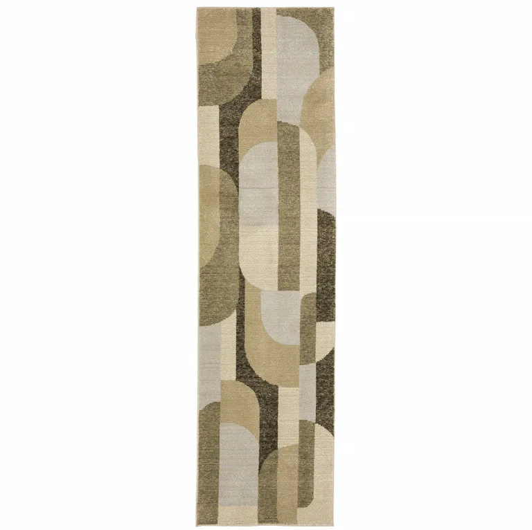 Brown Charcoal Gold And Beige Geometric Power Loom Stain Resistant Runner Rug Photo 1