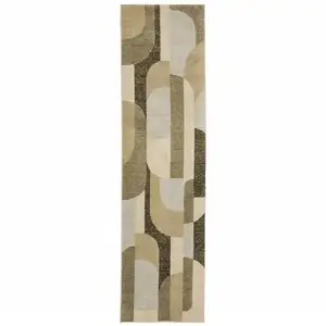 Photo of Brown Charcoal Gold And Beige Geometric Power Loom Stain Resistant Runner Rug