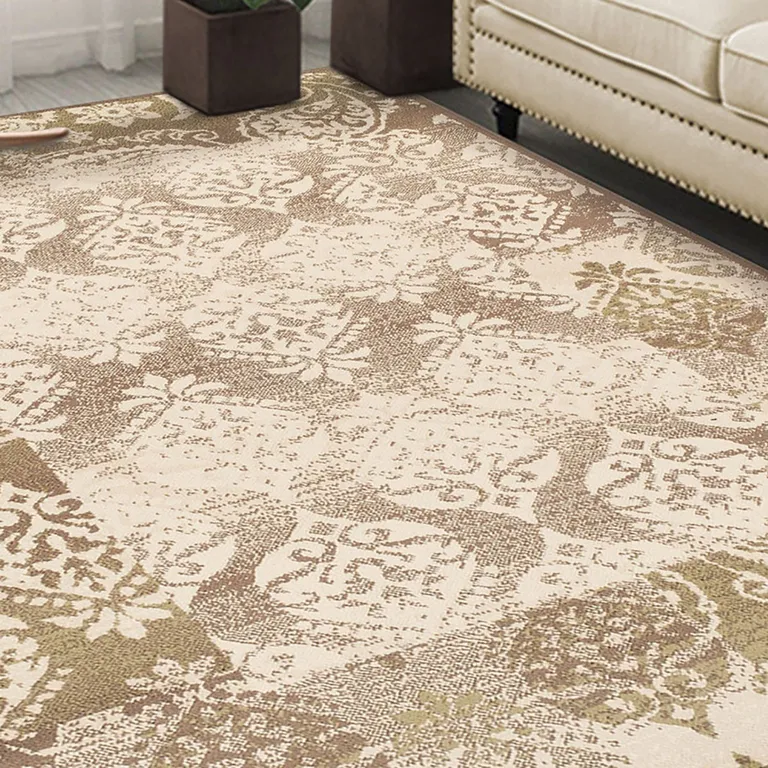 Brown Damask Power Loom Distressed Stain Resistant Area Rug Photo 5