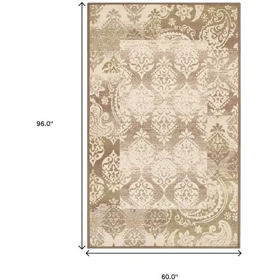 Brown Damask Power Loom Distressed Stain Resistant Area Rug Photo 6