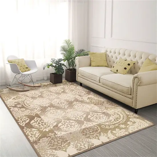 Brown Damask Power Loom Distressed Stain Resistant Area Rug Photo 2