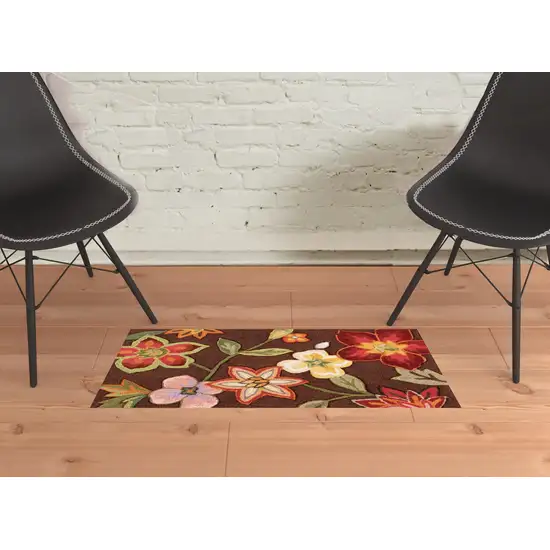 Brown Floral Hand Hooked Handmade Area Rug Photo 4