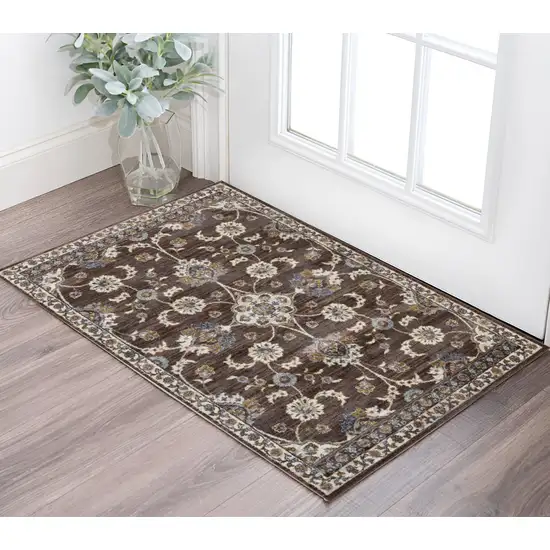 Ivory Blue and Brown Floral Power Loom Area Rug Photo 1