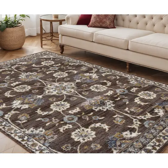 Ivory Blue and Brown Floral Power Loom Area Rug Photo 1