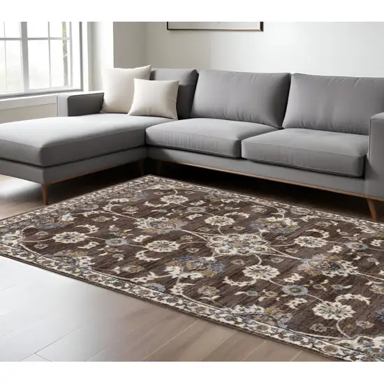 Ivory Blue and Brown Floral Power Loom Area Rug Photo 1