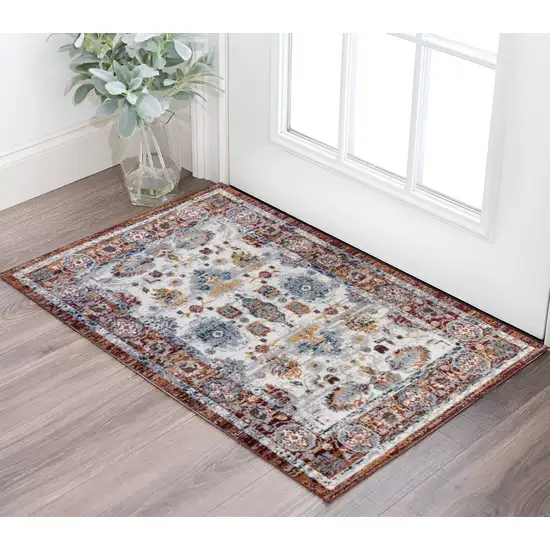 Ivory Brown and Orange Floral Power Loom Area Rug Photo 1