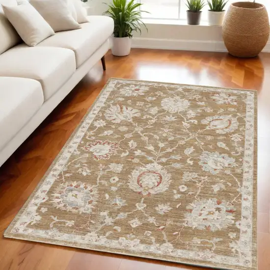 Brown Floral Power Loom Distressed Area Rug Photo 1