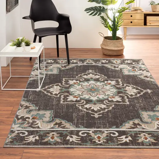 Brown Floral Stain Resistant Indoor Outdoor Area Rug Photo 7