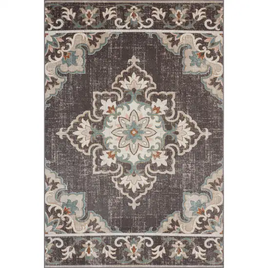 Brown Floral Stain Resistant Indoor Outdoor Area Rug Photo 1