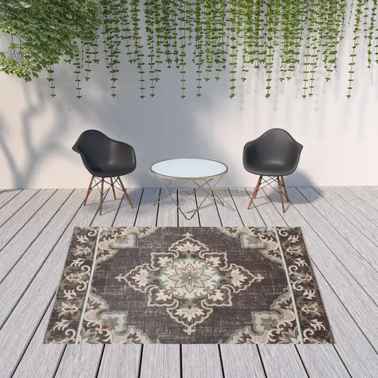 Brown Floral Stain Resistant Indoor Outdoor Area Rug Photo 2