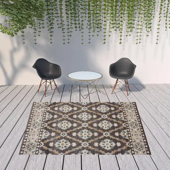 Brown Floral Stain Resistant Indoor Outdoor Area Rug Photo 2