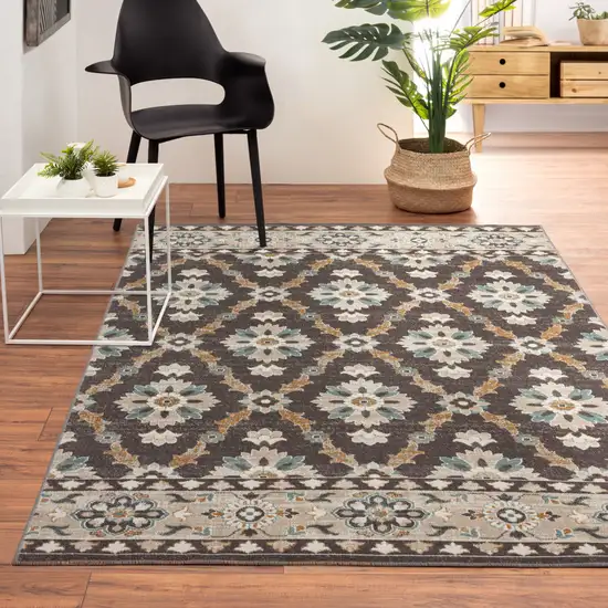 Brown Floral Stain Resistant Indoor Outdoor Area Rug Photo 7