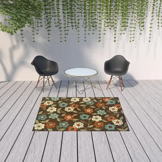 Brown Floral Stain Resistant Indoor Outdoor Area Rug Photo 2