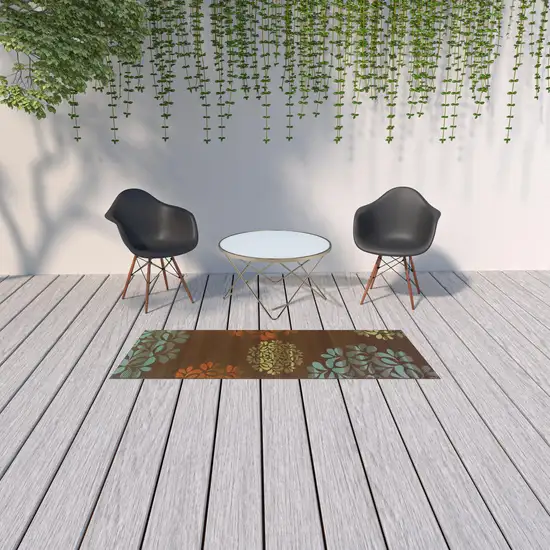 Brown Floral Stain Resistant Indoor Outdoor Area Rug Photo 2