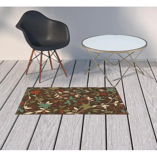 Brown Floral Stain Resistant Indoor Outdoor Area Rug Photo 2