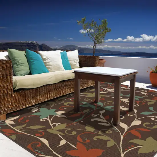 Brown Floral Stain Resistant Indoor Outdoor Area Rug Photo 3