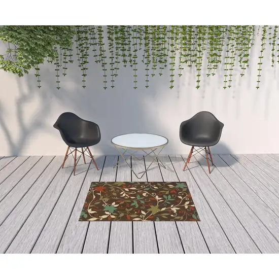 Brown Floral Stain Resistant Indoor Outdoor Area Rug Photo 2