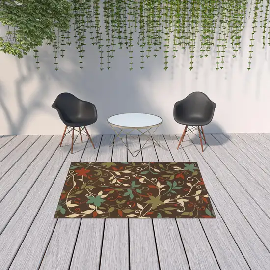 Brown Floral Stain Resistant Indoor Outdoor Area Rug Photo 2