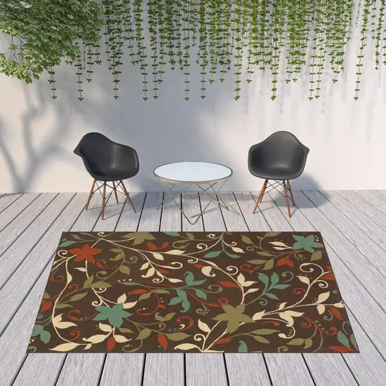 Brown Floral Stain Resistant Indoor Outdoor Area Rug Photo 2