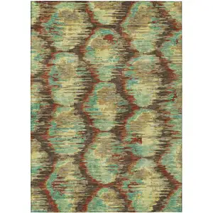 Photo of Brown Gold And Teal Blue Abstract Washable Indoor Outdoor Area Rug